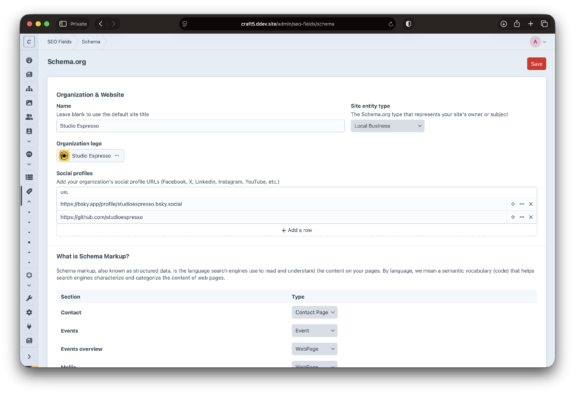 Screenshot of the settings screen where fields for organizational details have been added in this update